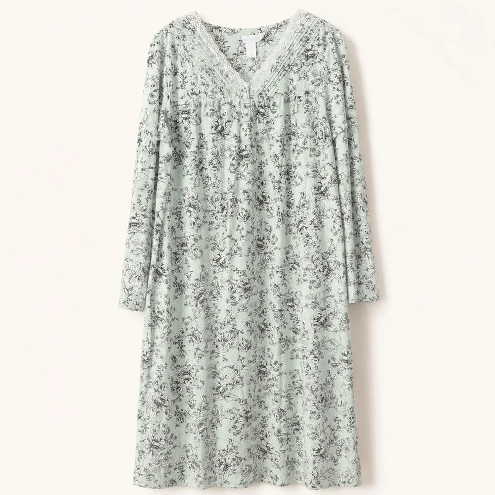 Adonna Nightgown Size XL Mint Green Lace Trim Floral Midi Cottagecore Modest